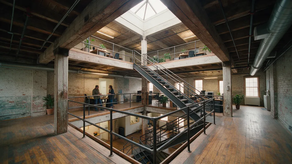 Warehouse Conversion: A concept for turning an old brick warehouse into offices, opened up with a new atrium and a blackened steel stair.