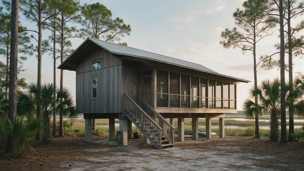 Marsh Edge House: A concept for a raised coastal home of cypress and metal, lifted on piers among slash pines at the edge of a salt marsh.