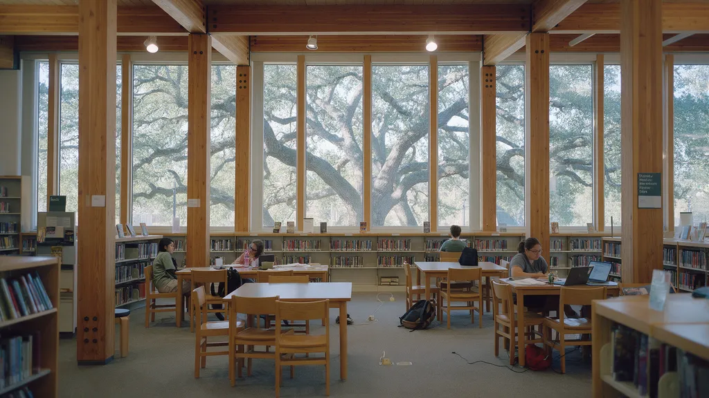 Neighborhood Branch Library: A concept for a timber-framed branch library with a tall reading room that looks out into the live oaks.