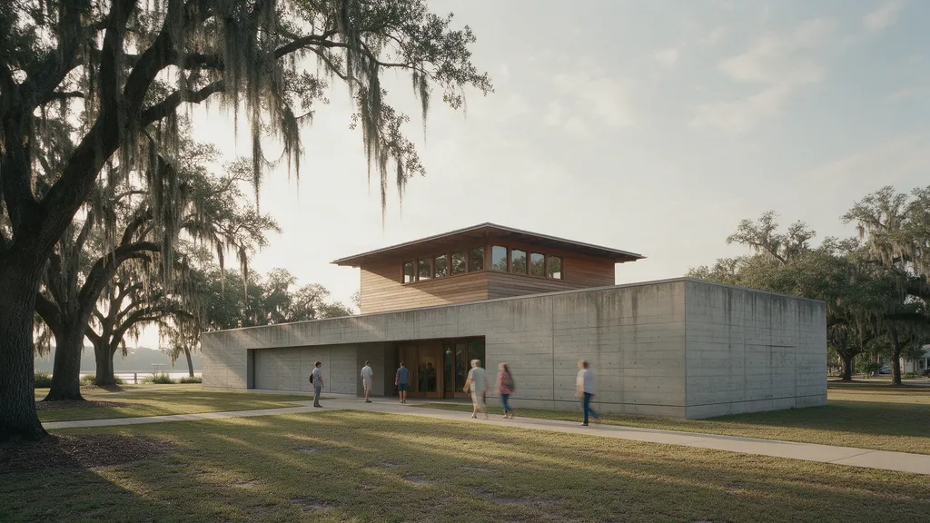 Riverfront Arts Center: a concrete gallery base beneath a cedar-clad upper pavilion, framed by live oaks.