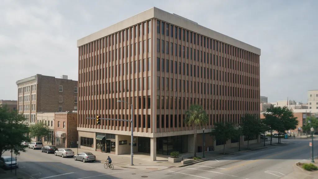 Downtown Corner Office: A concept for a mid-rise office on a downtown corner, wrapped in terracotta-colored fins that shade the glass and suit the brick buildings around it.